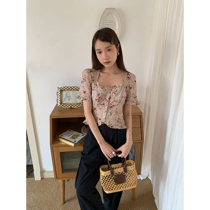 Floral shirt retro cotton and linen slim-fitting short-sleeved square neck top