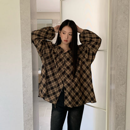 Loose Lace-Up Crew Neck Single-Breasted Long-Sleeve Checked Shirt