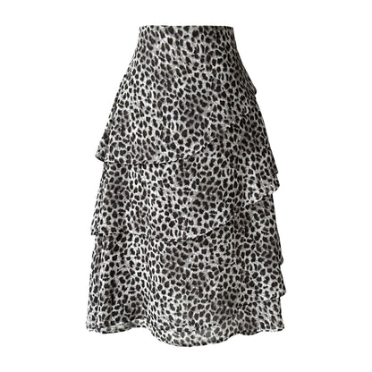 Irregular high-waisted chiffon leopard print skirt women's spring new ruffle leaf edge cake skirt A-shaped skirt