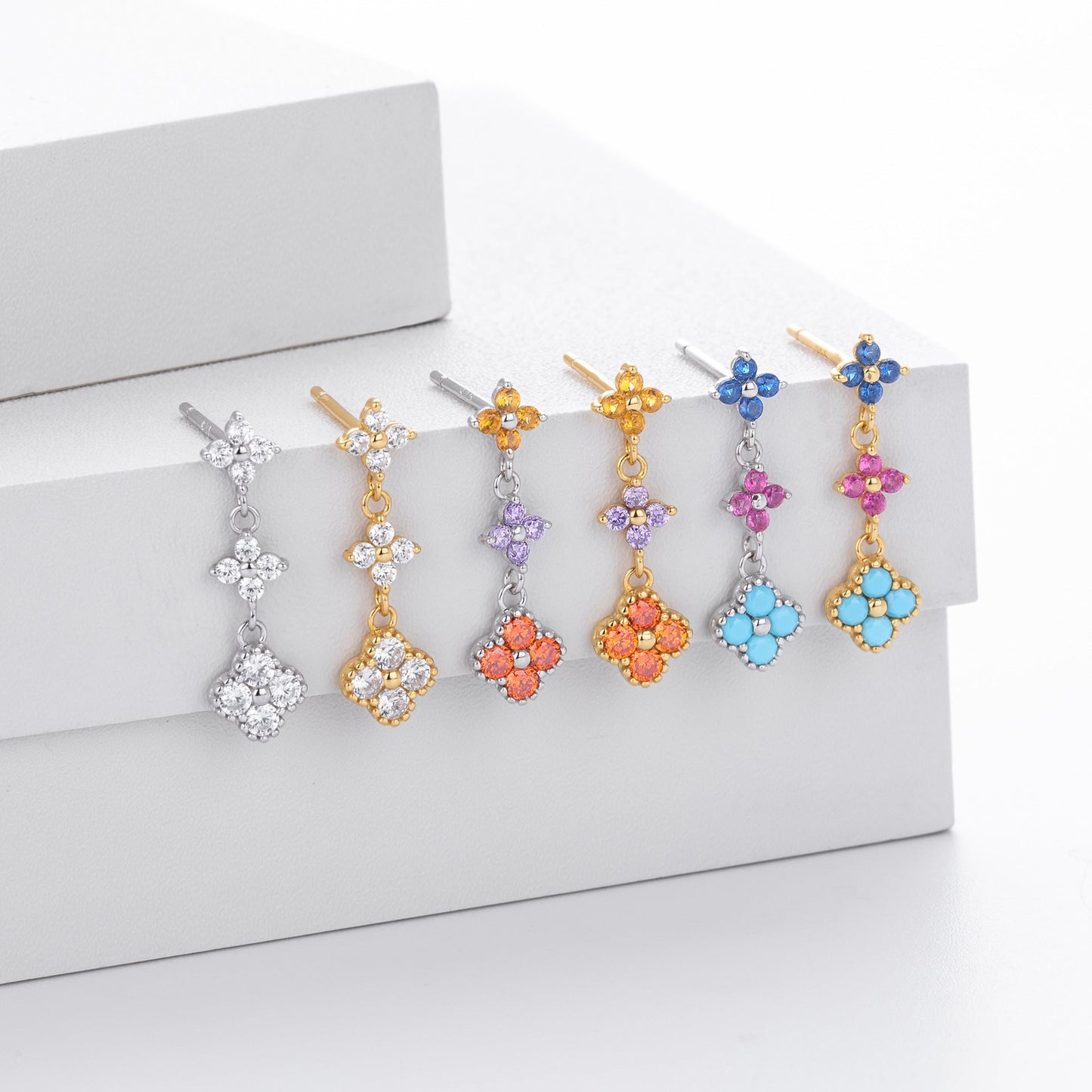 925 Sterling Silver Stud Earrings Color Zirconium Flower Earrings