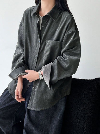 Korean lapel corduroy shirt top women's autumn new retro loose lazy coat