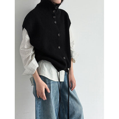 Korean stacked turtleneck knitted vest women's spring drawstring waist versatile sweater vest