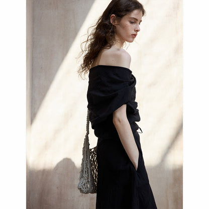 Tencel Off-Shoulder Dress Women Slim Fit Tube Top Long Irregular Hem