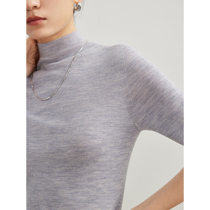 Semi-Turtleneck Wool Sweater Women Slim Fit Three-Quarter Sleeve Knit Top