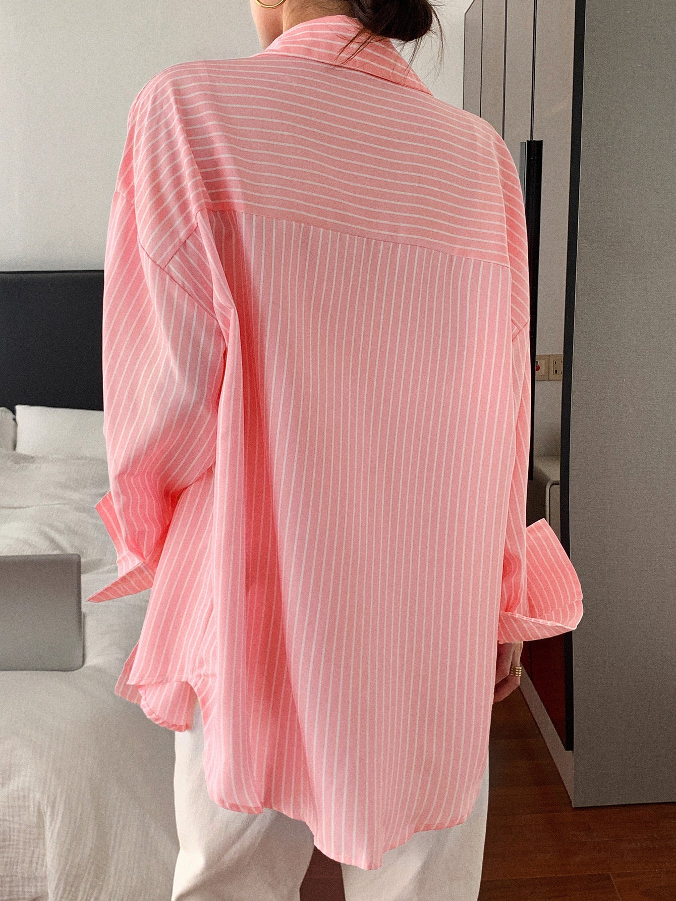 Striped Long Sleeve Blouse Women Loose Fit Round Neck Button-Up Shirt