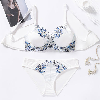 European and American cross-border direct sales embroidery lace sexy large size bra set large chest small upper support anti-sagging underwear women
