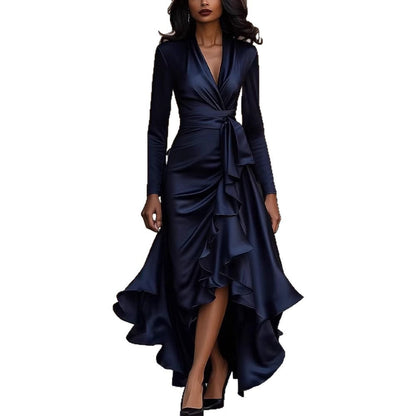 V-neck waist ruffle temperament dress