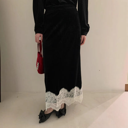 Hepburn retro lace stitching high waist velvet skirt