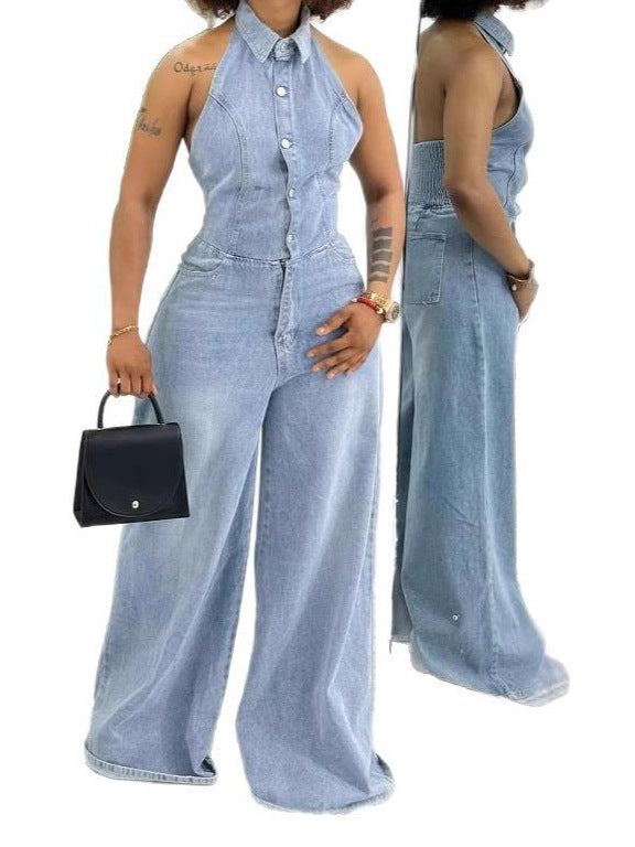 Halter Neck Denim Jumpsuit Women Mid Waist Wide Leg Backless Romper