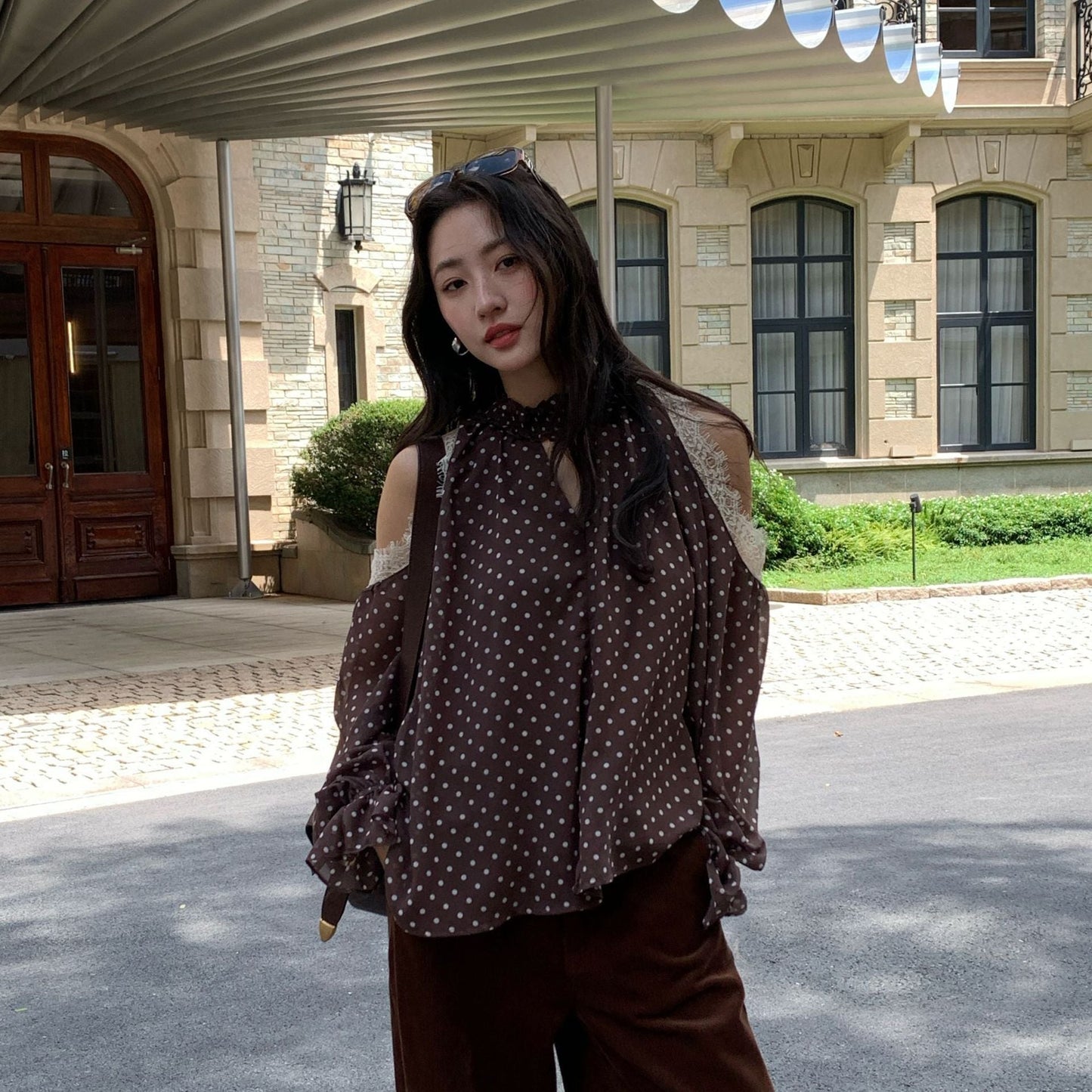 Lace polka dot flared sleeve neck off-the-shoulder shirt