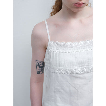 Summer new casual one-word collar linen cotton thin transparent embroidered solid color suspender top