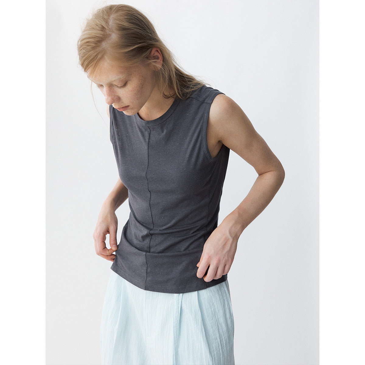 Summer casual split antibacterial hemp simple round neck basic vest