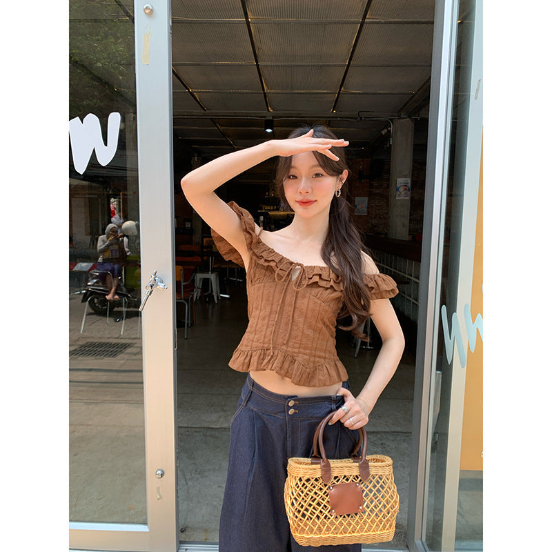 French sweet age-reducing delicate off-the-shoulder shirt women's suspender top