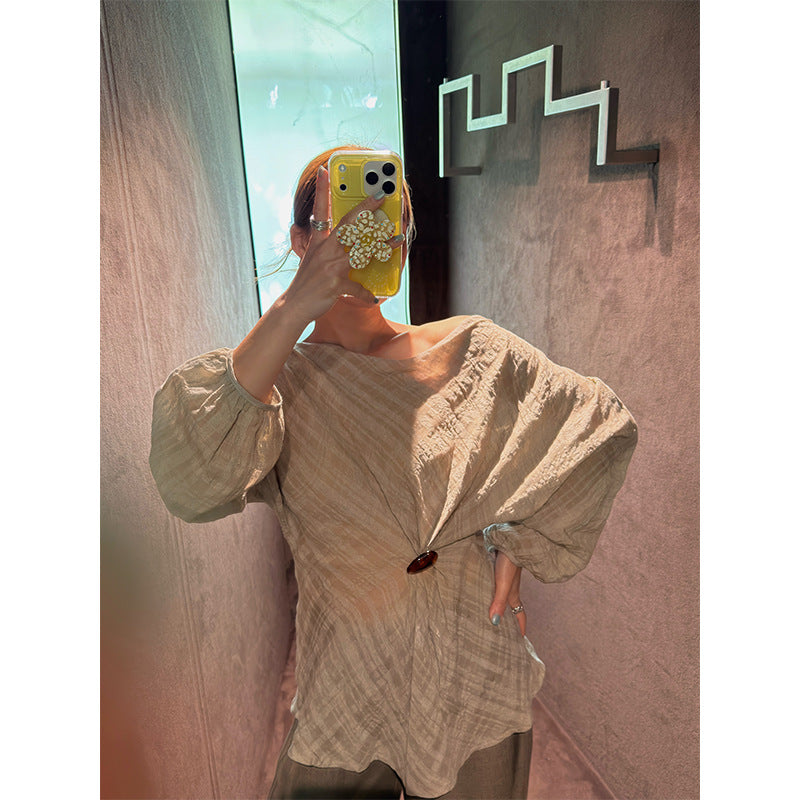 Early spring Korean retro pleated texture Tencel hemp slanted shoulder shirt