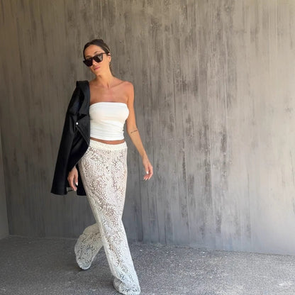 Perspective lace sexy wide-leg pants babes ins wind hollow trousers