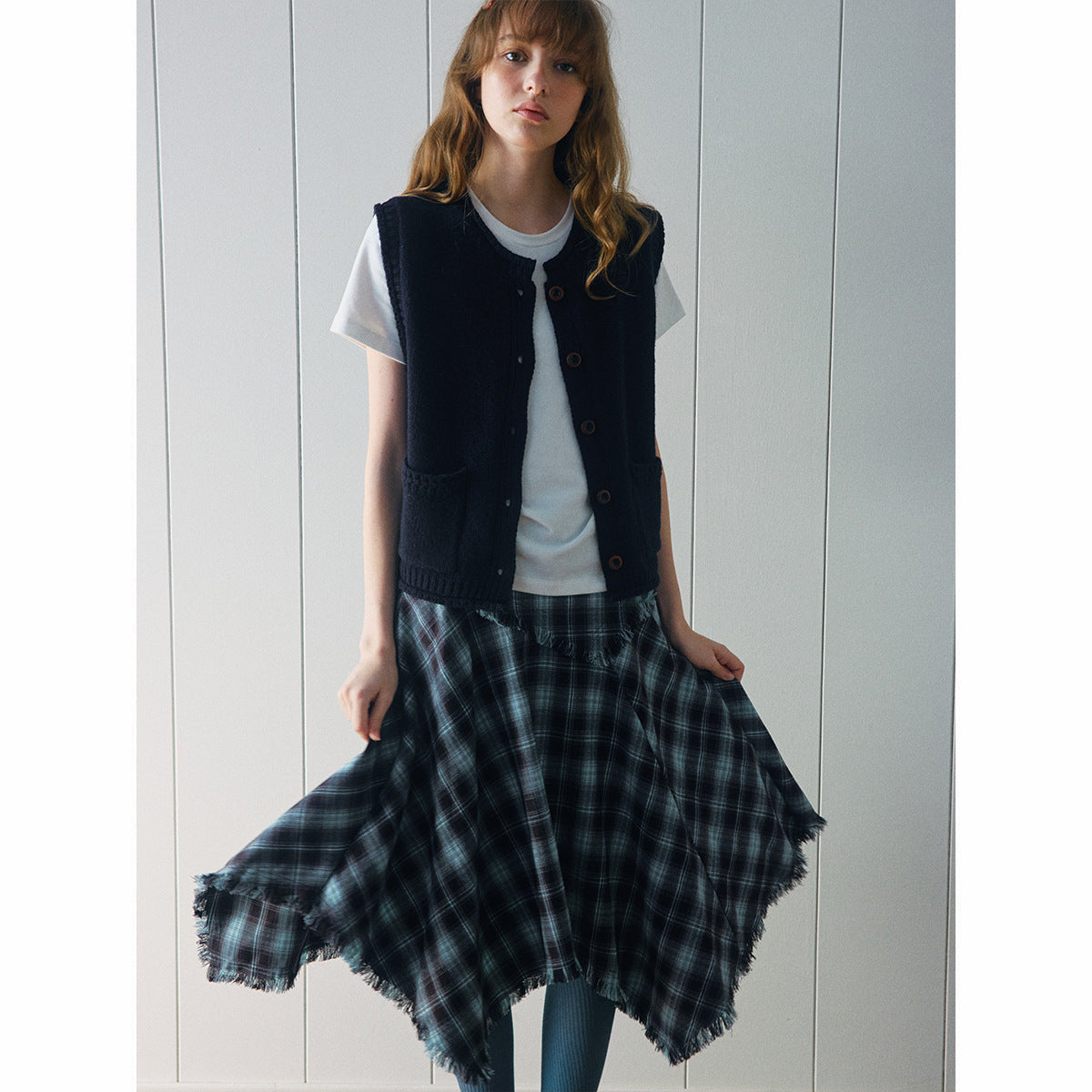 Autumn new casual plaid irregular classic versatile medium and long A-shaped skirt