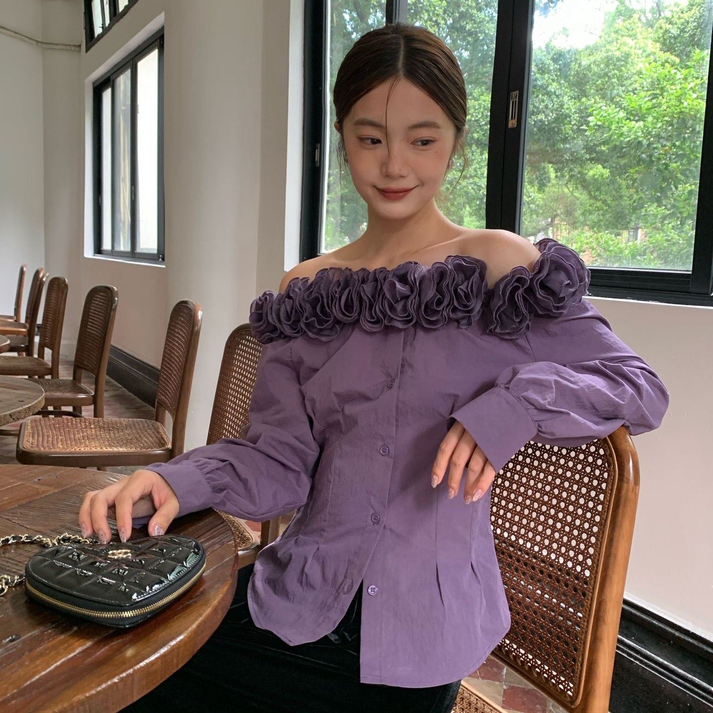 Heavy Industry Flower Pinch Pleated Waist Shoulder Shirt Women