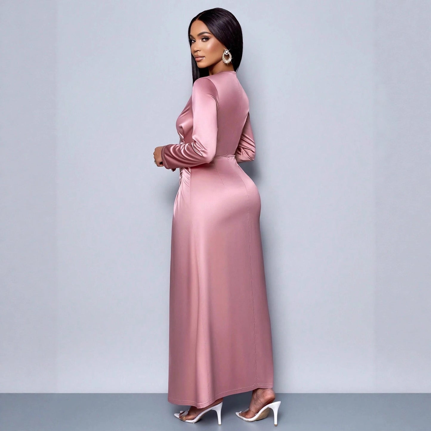 New solid color high-end satin dress fashionable and elegant temperament light evening dress