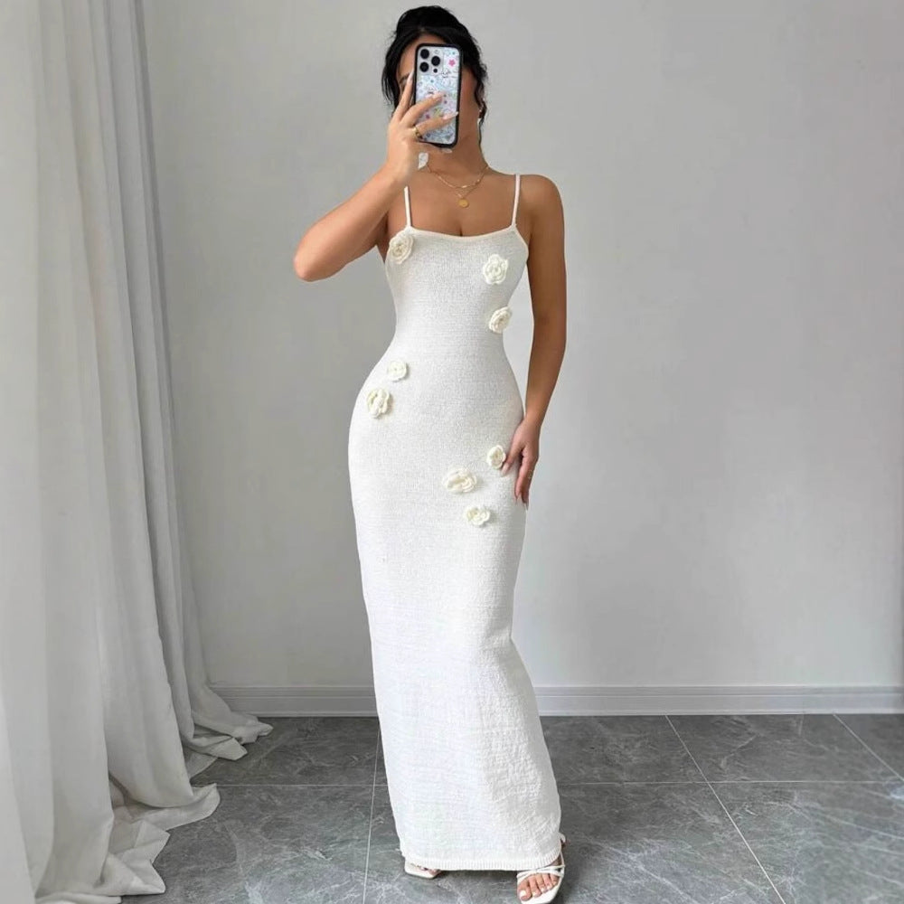 Women's new sexy three-dimensional flower knitted dress fashionable slim-fitting suspender hip skirt