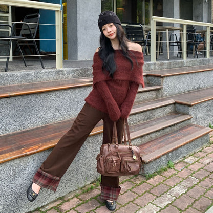 Vintage plaid paneled rolled-up versatile straight-leg jeans