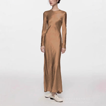 Spring and Autumn French Elegance Temperament Fashion Penny Extreme Satin Folded Long Sleeve Dress Women