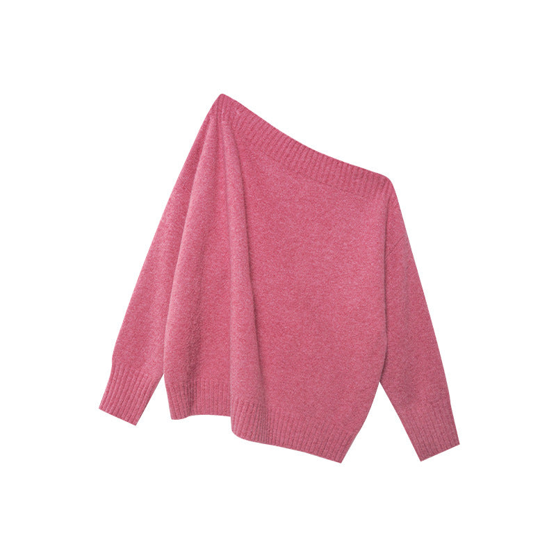 Casual lazy macaron-colored slanted shoulder sweater