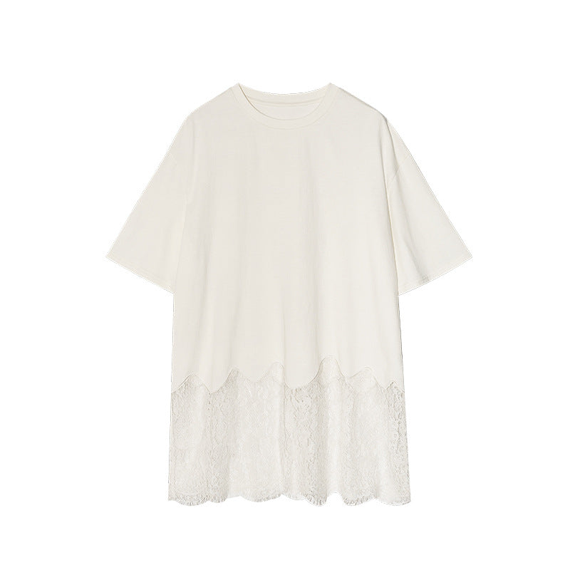 Early Spring French Gentle Lace Splicing Skirt Medium Sleeve Loose T-Shirt
