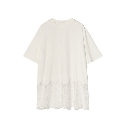 Early Spring French Gentle Lace Splicing Skirt Medium Sleeve Loose T-Shirt