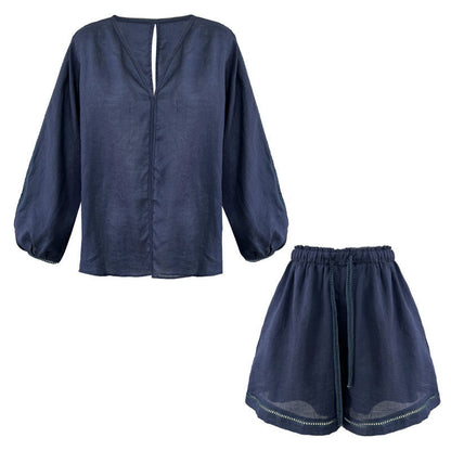 Korean style designer casual v-neck long sleeve top + versatile shorts women's summer new arrival lazy loungewear set