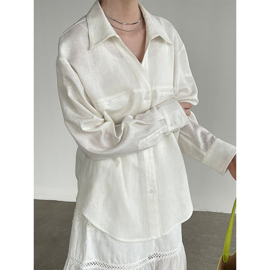 V-Neck Cotton Linen Long Sleeve Cardigan Shirt