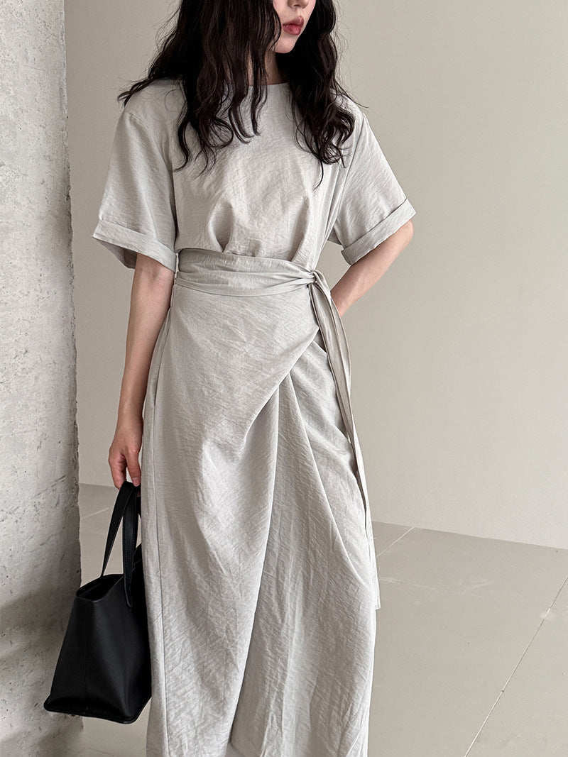 Niche design cross-strap short-sleeved dress spring and summer new waist and thin A-shaped long dress