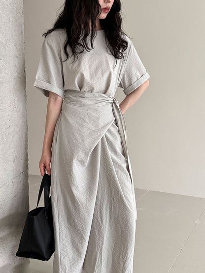 Niche design cross-strap short-sleeved dress spring and summer new waist and thin A-shaped long dress
