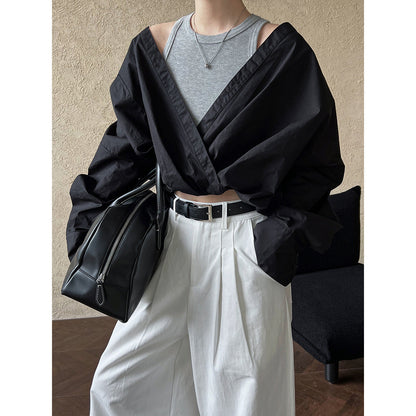 Spring French high-end silhouette commuter off-the-shoulder shirt with knitted vest inside, fake two-piece top women