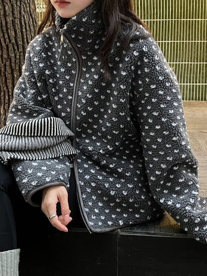 Korean style retro polka dot lambswool stand collar top - warm women's winter new double zipper jacket