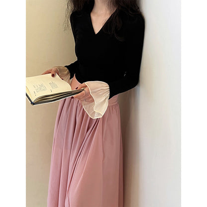Pure desire ceiling~ V-neck knitted T-shirt splicing horn sleeves slim and thin Spice girl bottoming shirt women