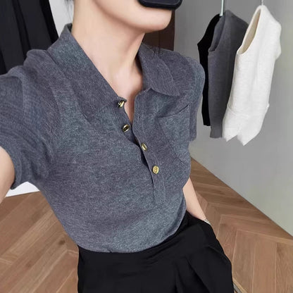 Polo Collar Short Sleeve T-Shirt Women Slim Fit Knitted Ice Silk Top