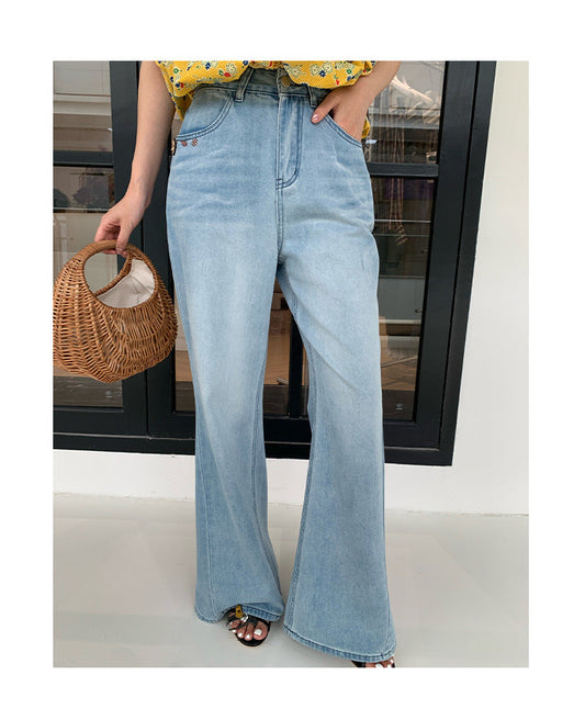 High waist polyester cotton slightly washed light blue jeans