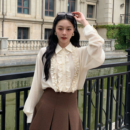 Korean Sheer Splice Ruffle Polo Shirt – Long Sleeve Loose Blouse