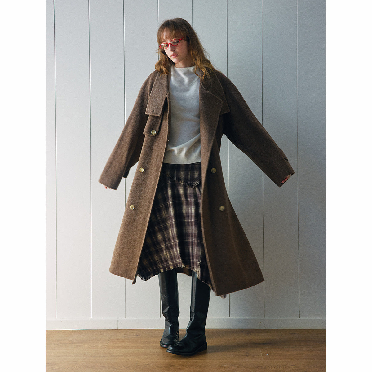 Autumn new casual plaid irregular classic versatile medium and long A-shaped skirt