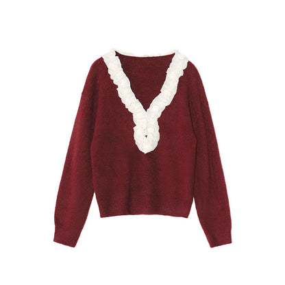 Sweet age-reducing V-neck loose sweater with fungus edge