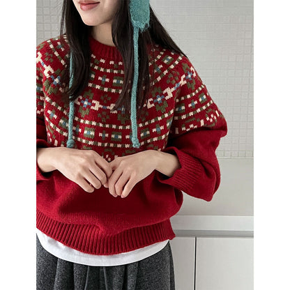 Vintage Fair Island Jacquard Sweater Women's Autumn and Winter New Lazy Christmas Loose Knitted Sweater Top