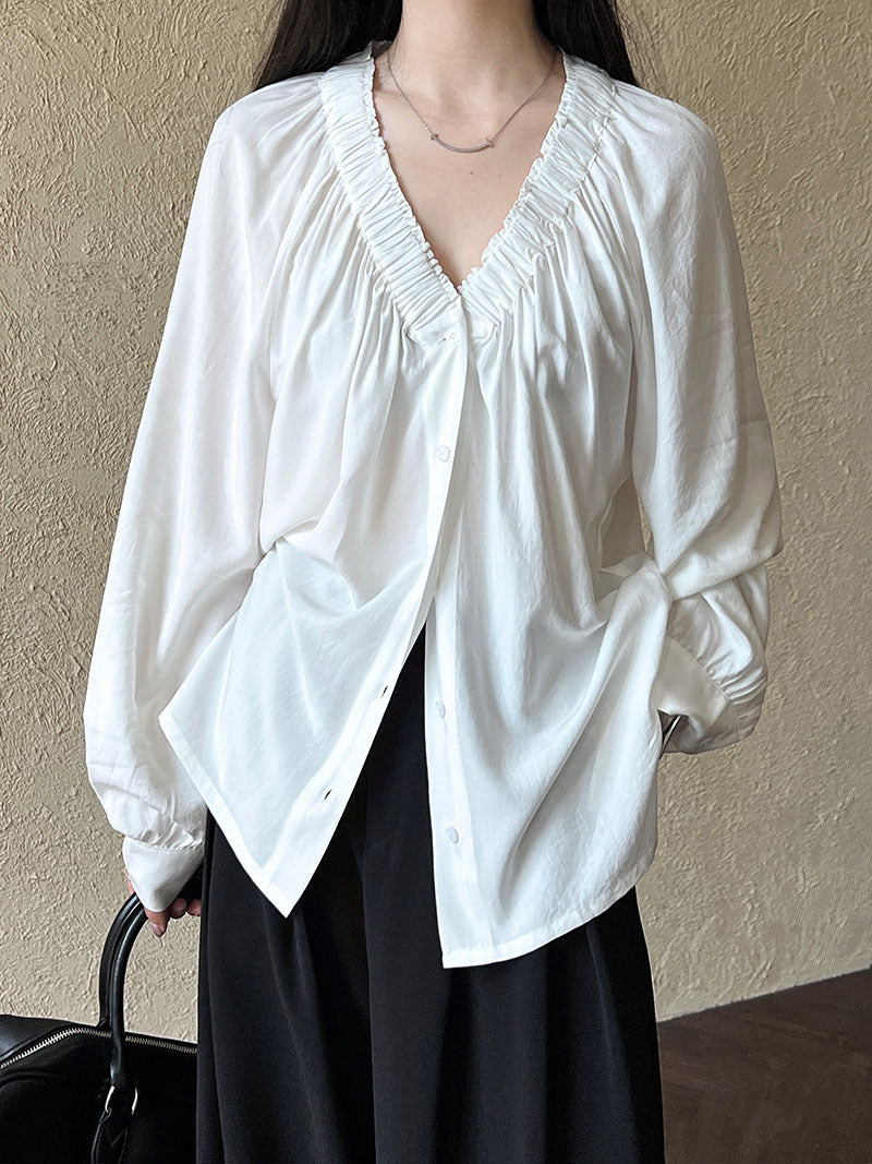 Korean temperament pleated V-neck loose shirt spring new commuter cool sunscreen long-sleeved shirt