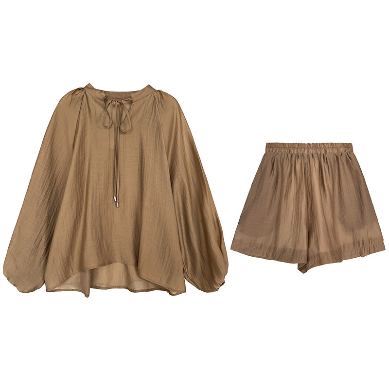 Summer fashion sports and leisure lace-up long-sleeved sunscreen + wide-leg shorts set two-piece set