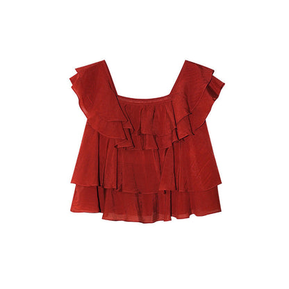 French sweet age-reducing thin loose square neck ruffle edge chiffon shirt