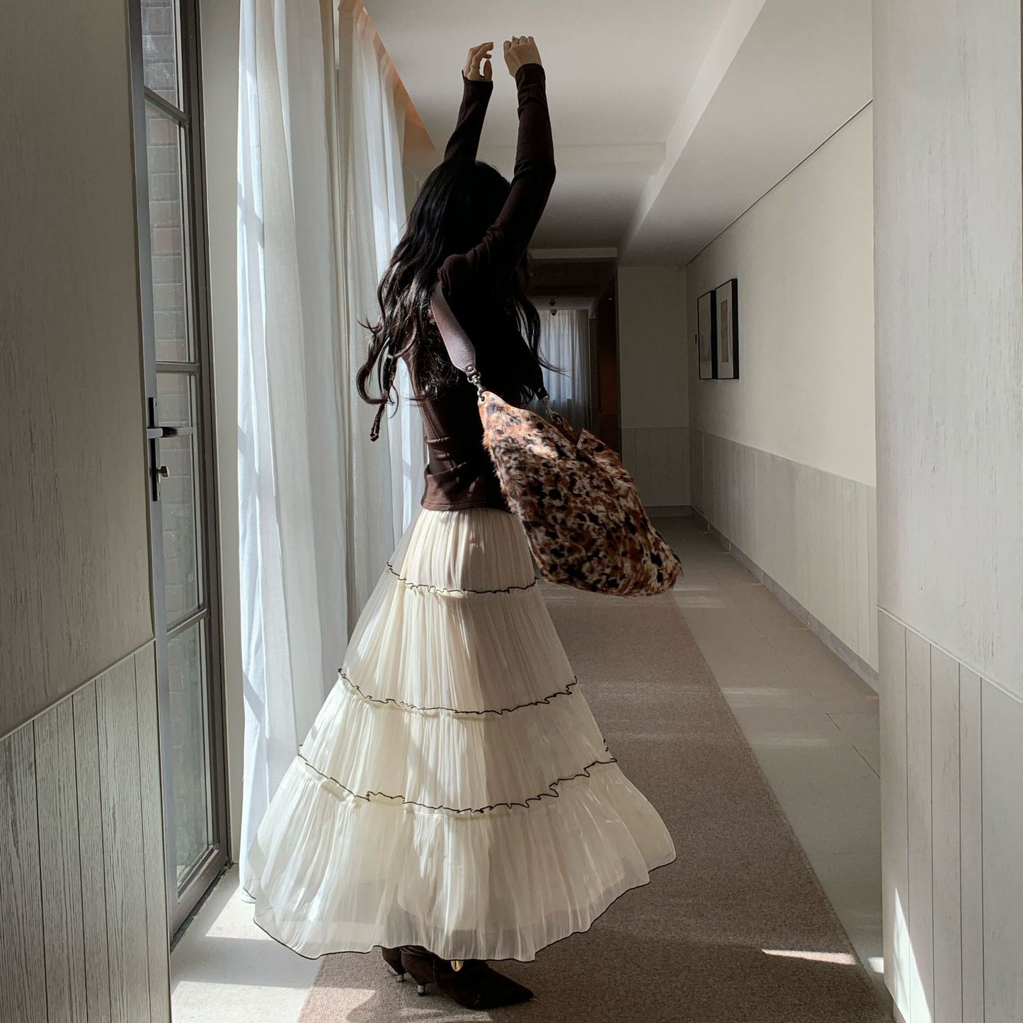 Sweet versatile drape pleated elastic waist skirt