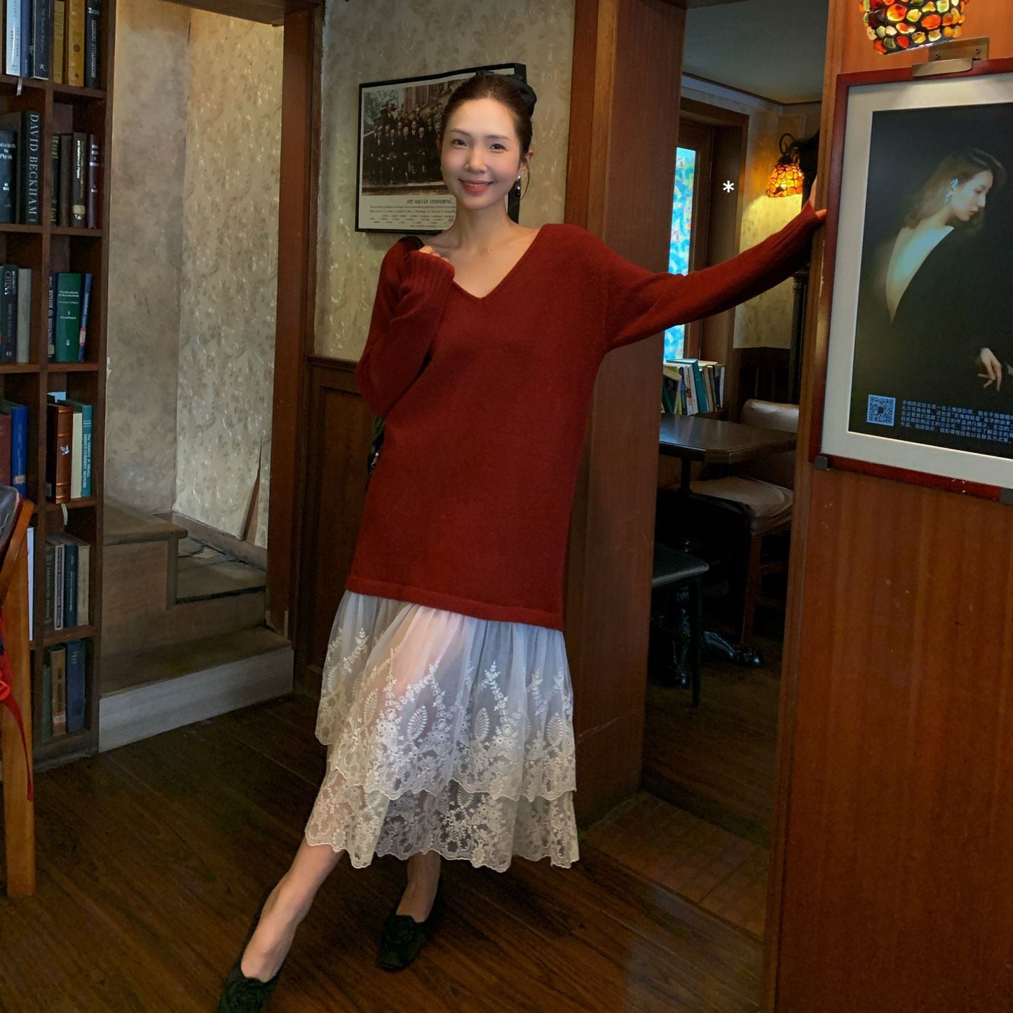 Gentle temperament atmosphere lace splicing sweater dress