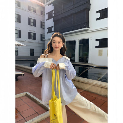 Age-reducing temperament design off-the-shoulder striped shirt