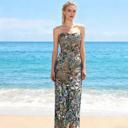 Embroidered Mesh Tube Top Maxi Dress