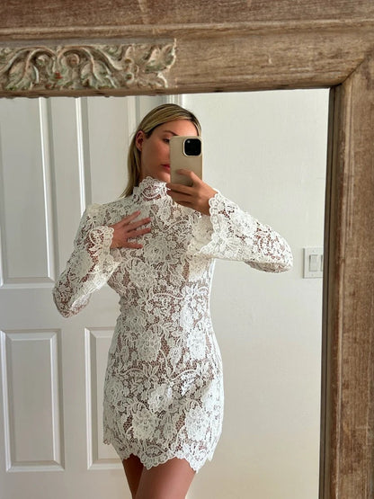 Fashion Sexy Lace Short Skirt Hollow Slim Flared Sleeve Dress