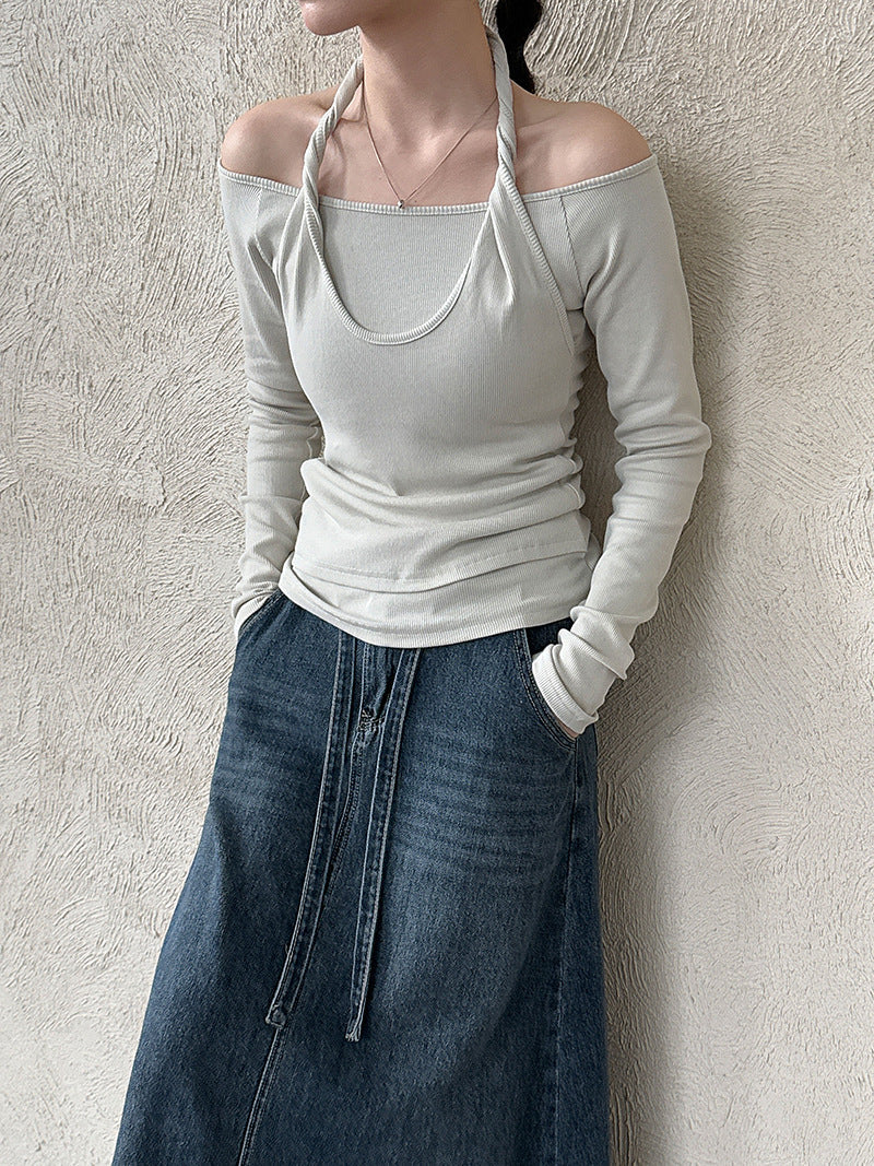 Design sense neck fake two long-sleeved T-shirt women